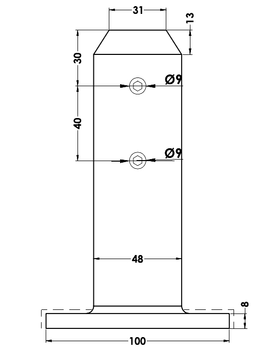 Vue détaillée de la pince du garde-corps terrasse DELOS 14 avec trou de perçage